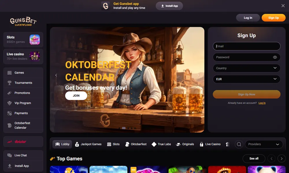 GunsBet casino lobby on desktop