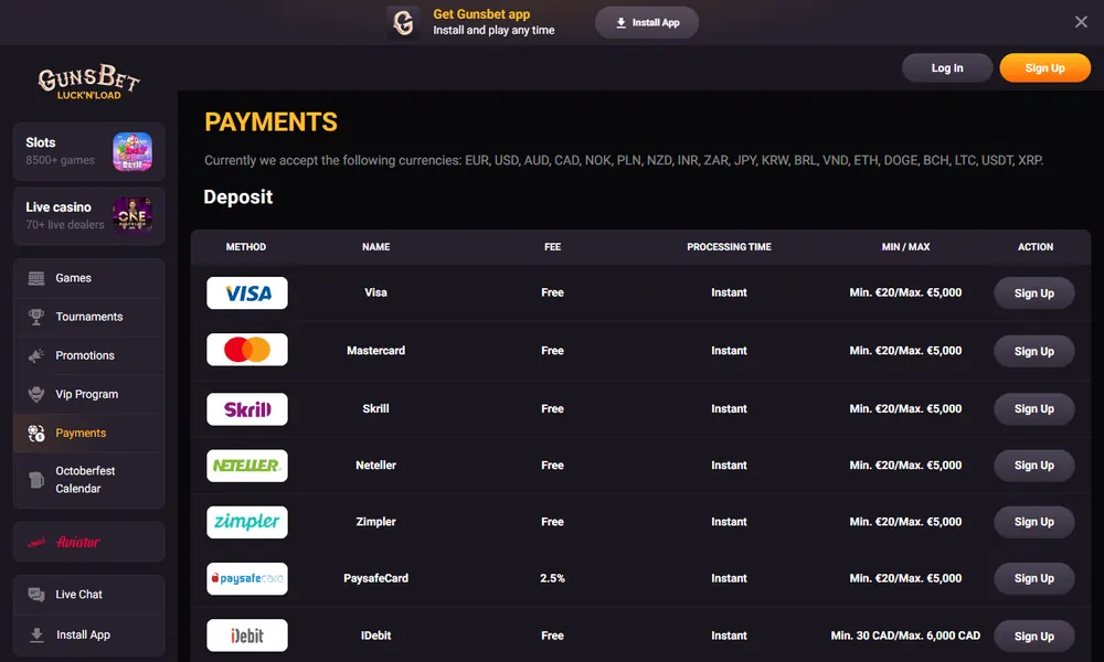 GunsBet deposit and withdrawal methods