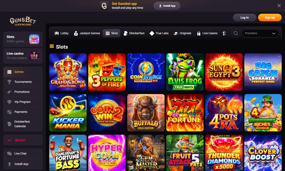 GunsBet slots lobby with game tiles