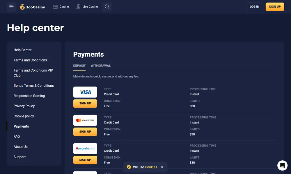 Joo Casino deposit and withdrawal methods
