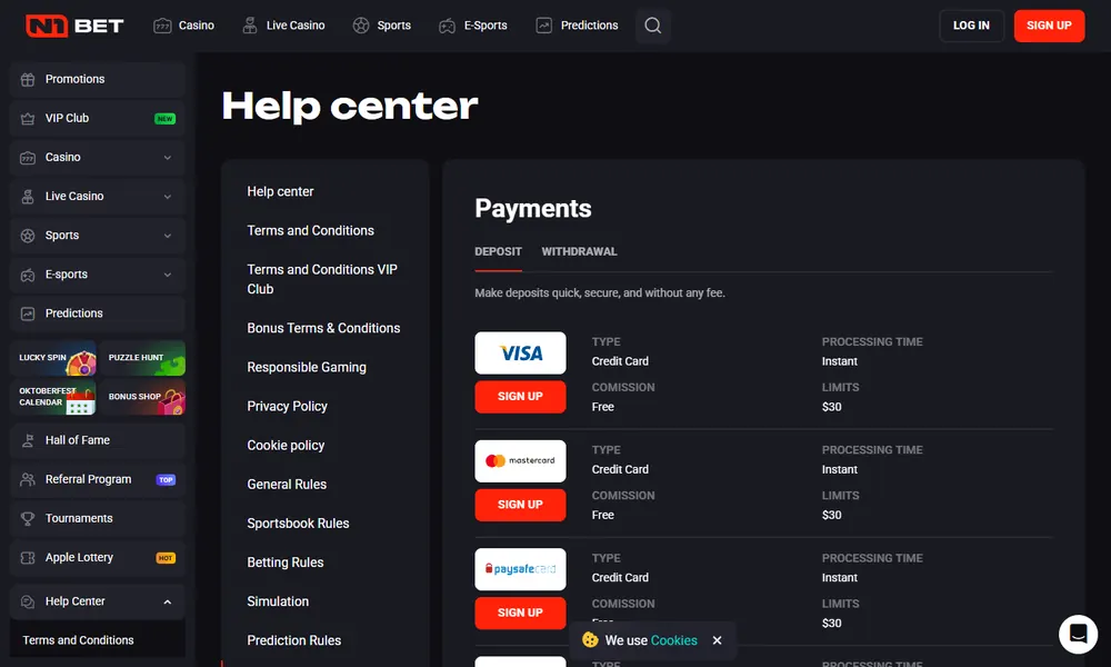 N1 Bet deposit and withdrawal methods