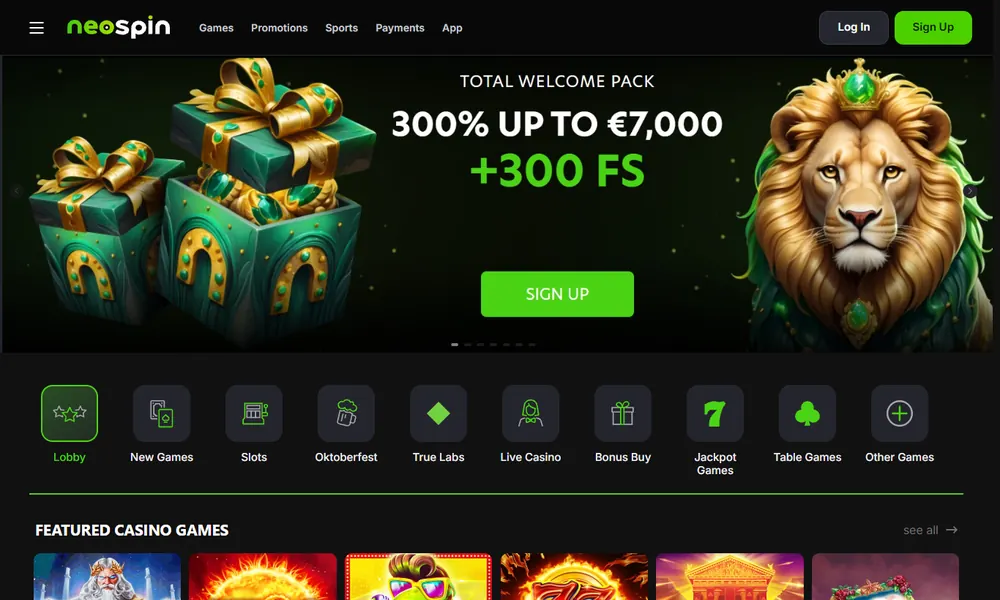 Neospin casino lobby on desktop