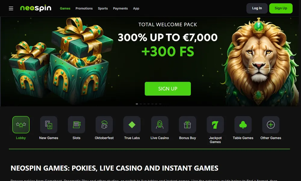 Neospin slots lobby with game tiles