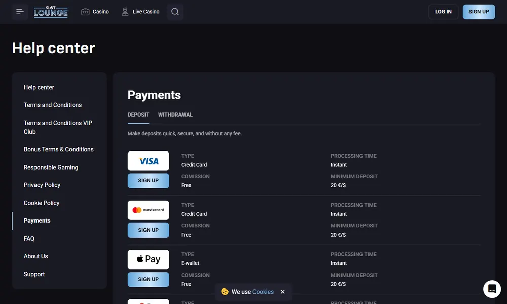 SlotLounge deposit and withdrawal methods