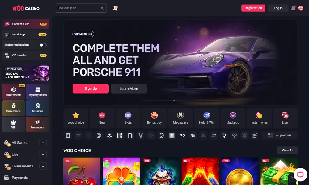 Woo Casino casino lobby on desktop