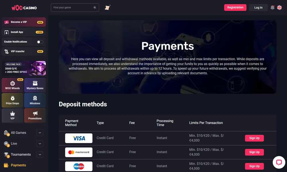 Woo Casino deposit and withdrawal methods