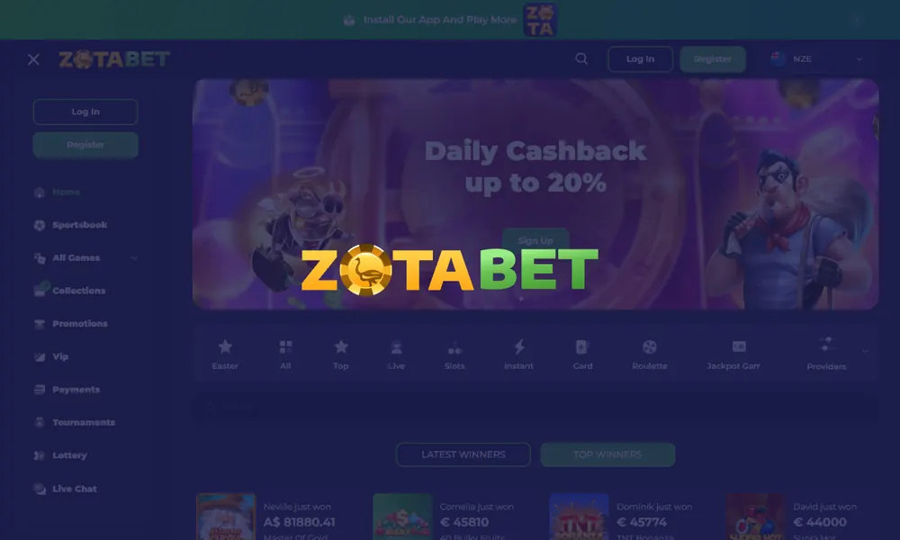 ZotaBet casino lobby on desktop