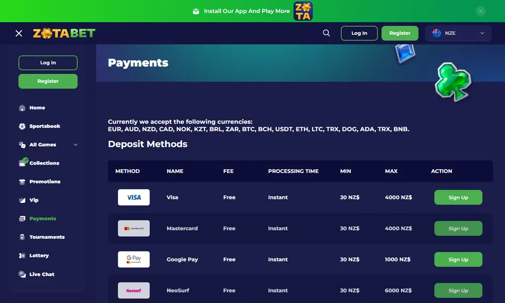 ZotaBet deposit and withdrawal methods