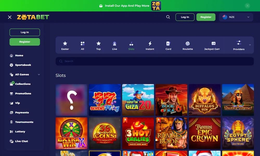 ZotaBet slots lobby with game tiles